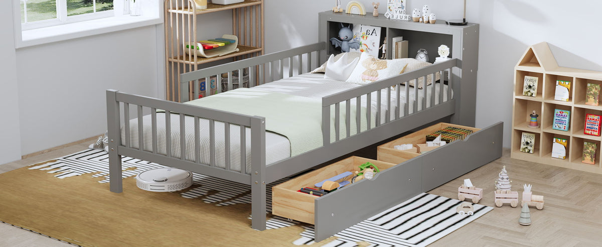 Bed With Headboard Storage Rack, 2 Under Bed Drawers, 3 Side Guardrails For Safety