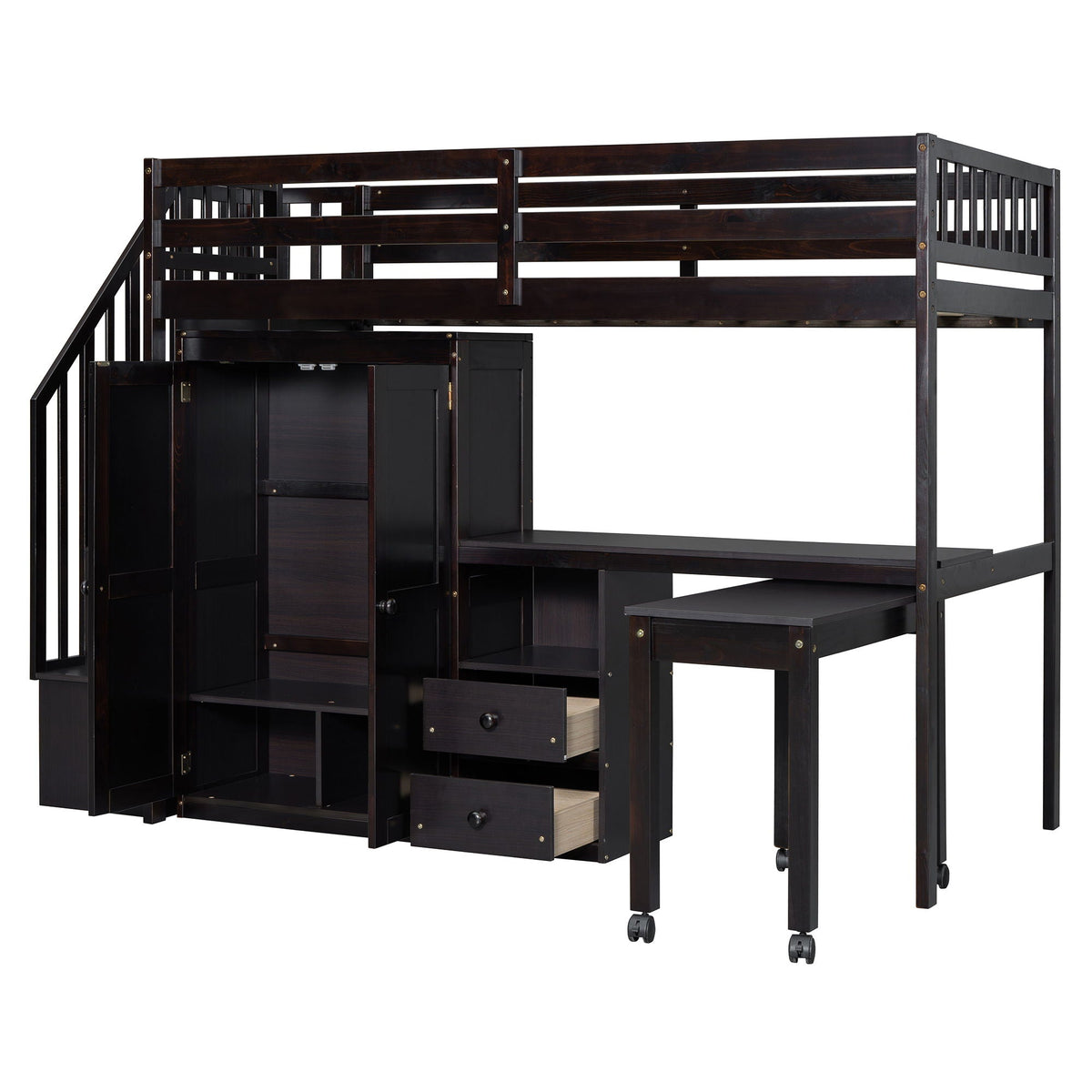 Loft Bed With Stairs, Bookshelf, Drawers, Desk & Wardrobe, Space Saving Multifunctional Furniture