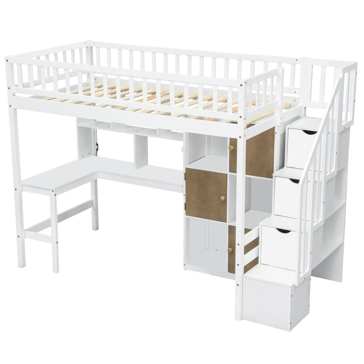 Loft Bed With Built In L Shaped Desk, LED Lights, Storage Shelves, Cabinets, And Staircase