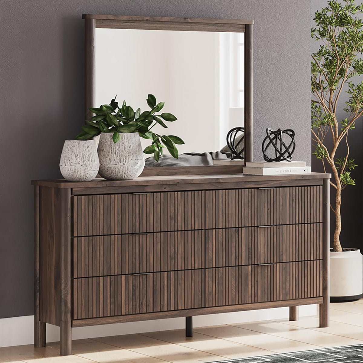 Signature Design by Ashley Cadmori Classic 6-Drawer Dresser and Mirror with Tipping Restraint Package, Dark Brown