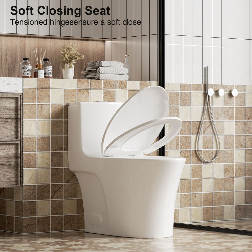 Elegant One Piece Toilet With Tornado Dual Flush, Siphonic S Trap 12", Soft Close Seat, Dual Flush, Ada Height, Glossy - Gloss White