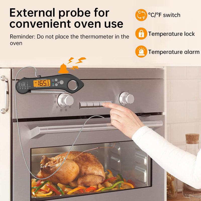 Foldable IP7 digital thermometer with dual probes: for cooking, BBQ, meat, grilling, food kitchen tools.