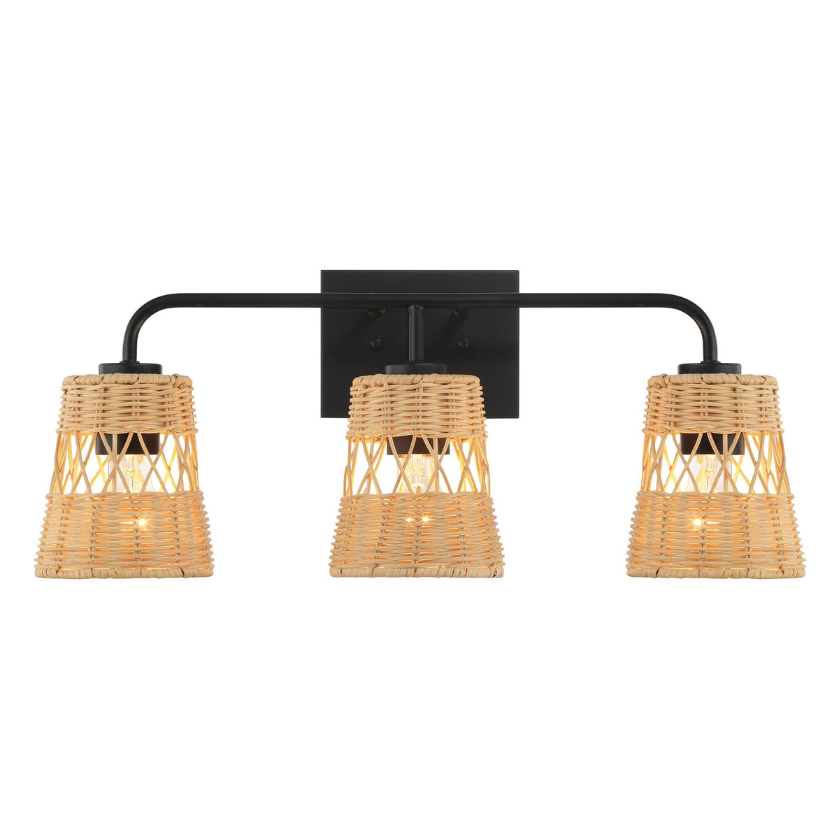 Moonlit - 3 Lights Wall Sconce With Shade, Bathroom Lighting Fixtures Over Mirror - Black / Rattan