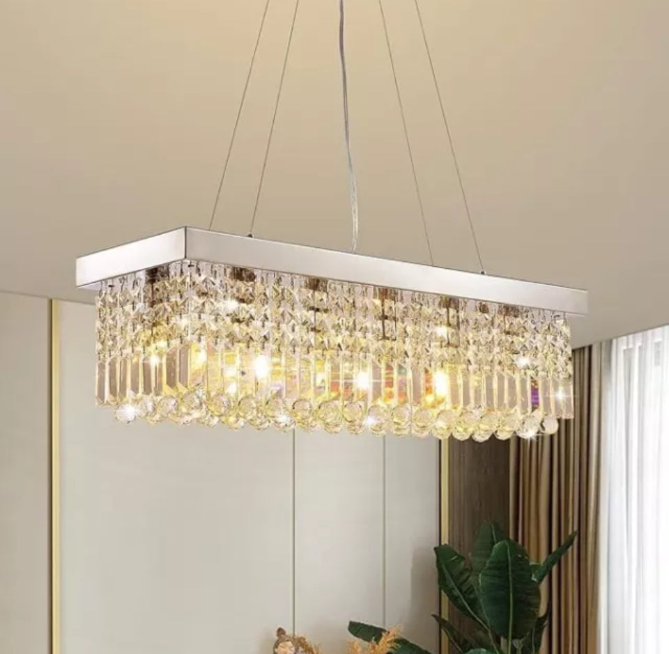 Open Box 7PM Rectangle K9 Crystal Chandelier Modern Rectangular Pendant Light Fixture for Dining Room Kitchen Island Chrome L31.5 x W10 x H10