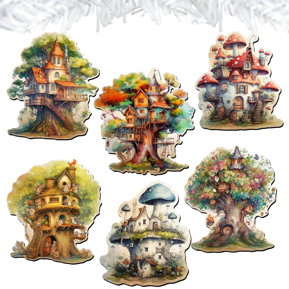 Tree House Clip-On Eco Wood Decorative Ornaments Set of 6 by G. Debrekht - Christmas Decor - 8090026C-S6