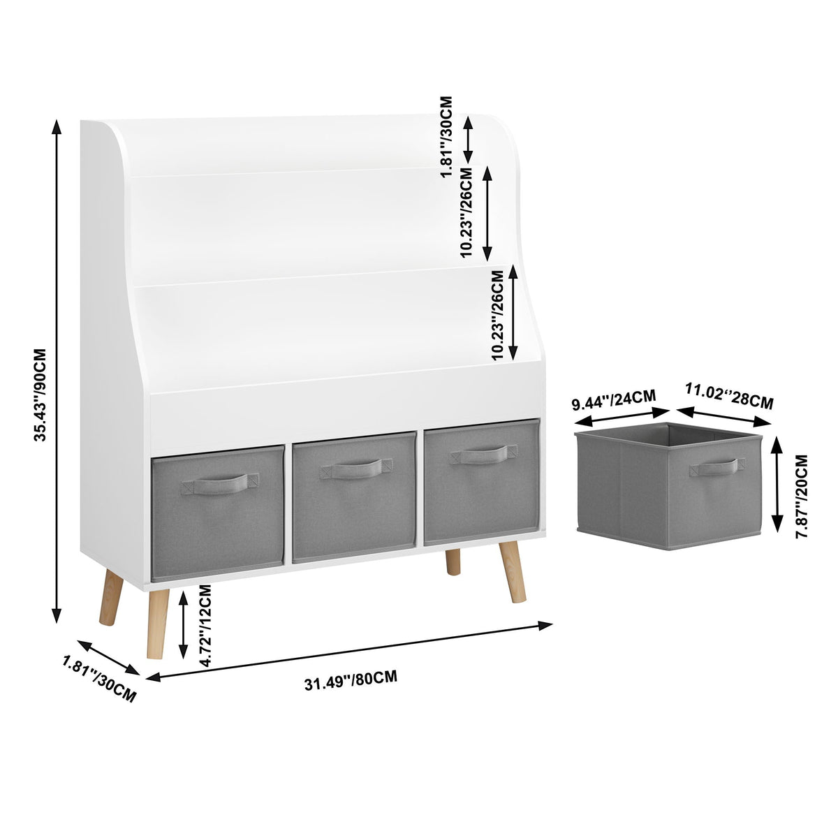 Bookshelf With 3 Storage Bins, Book Display Organizer, Front Facing Book Rack - White