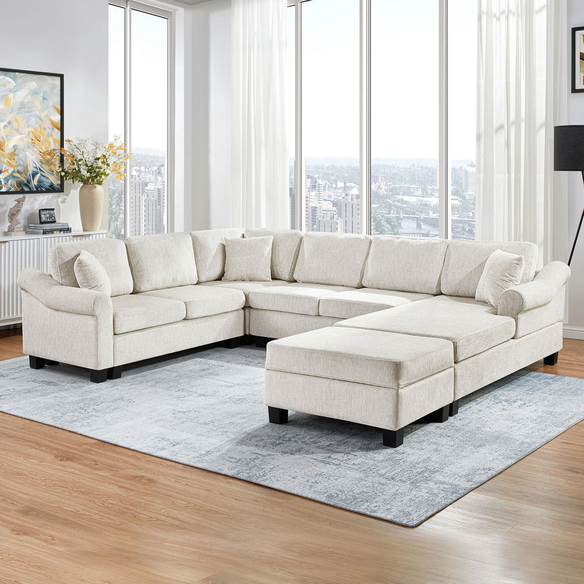 Contemporary U - Shaped Sectional Sofa With Movable Storage Ottoman