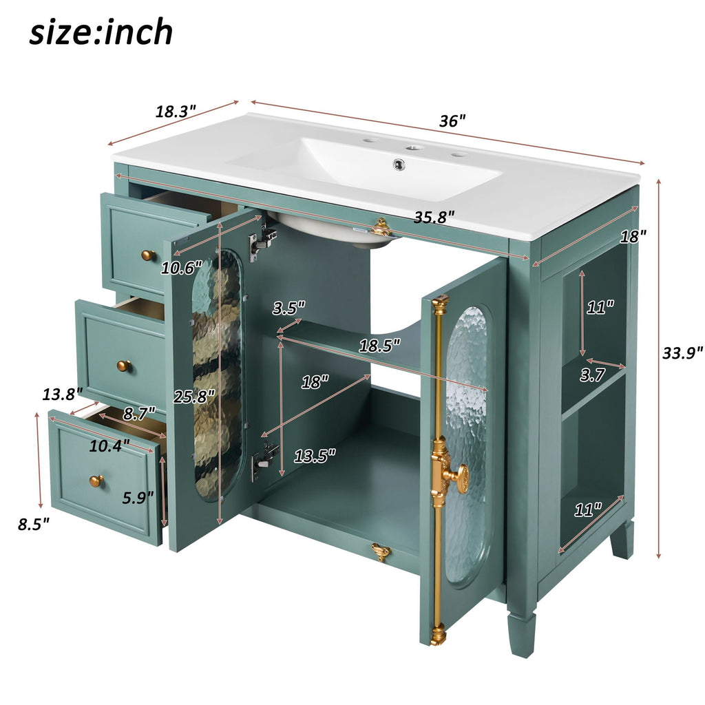 Bathroom Vanity with 3 Drawers and 2 Soft-Close Doors Cabinet - Lake Green