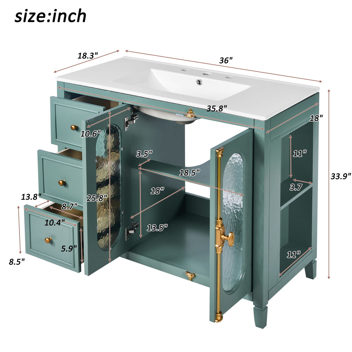 Bathroom Vanity with 3 Drawers and 2 Soft-Close Doors Cabinet - Lake Green