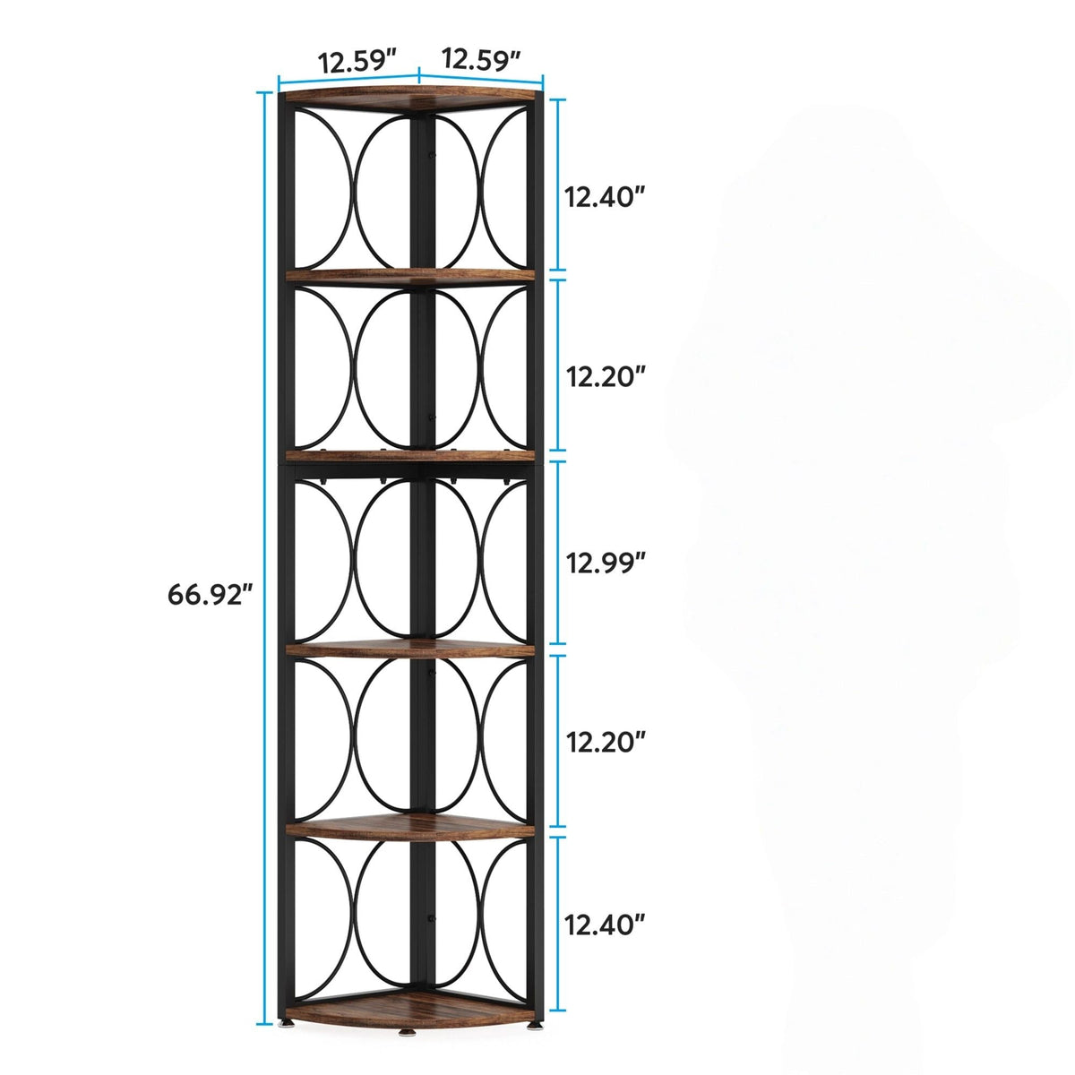 Tall 6 Tier Corner Bookshelf Storage Rack For Living Room - Rustic Brown
