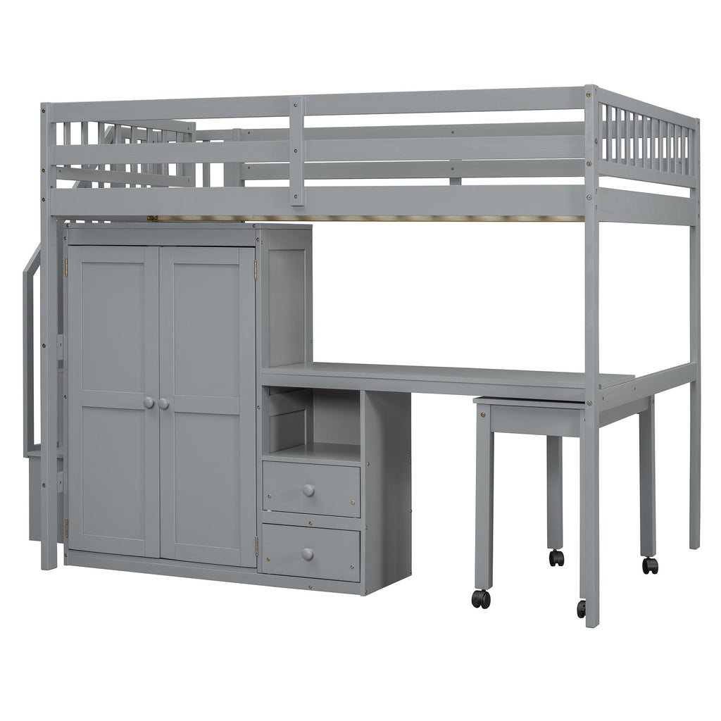 Loft Bed With Stairs, Bookshelf, Drawers, Desk & Wardrobe, Space Saving Multifunctional Furniture