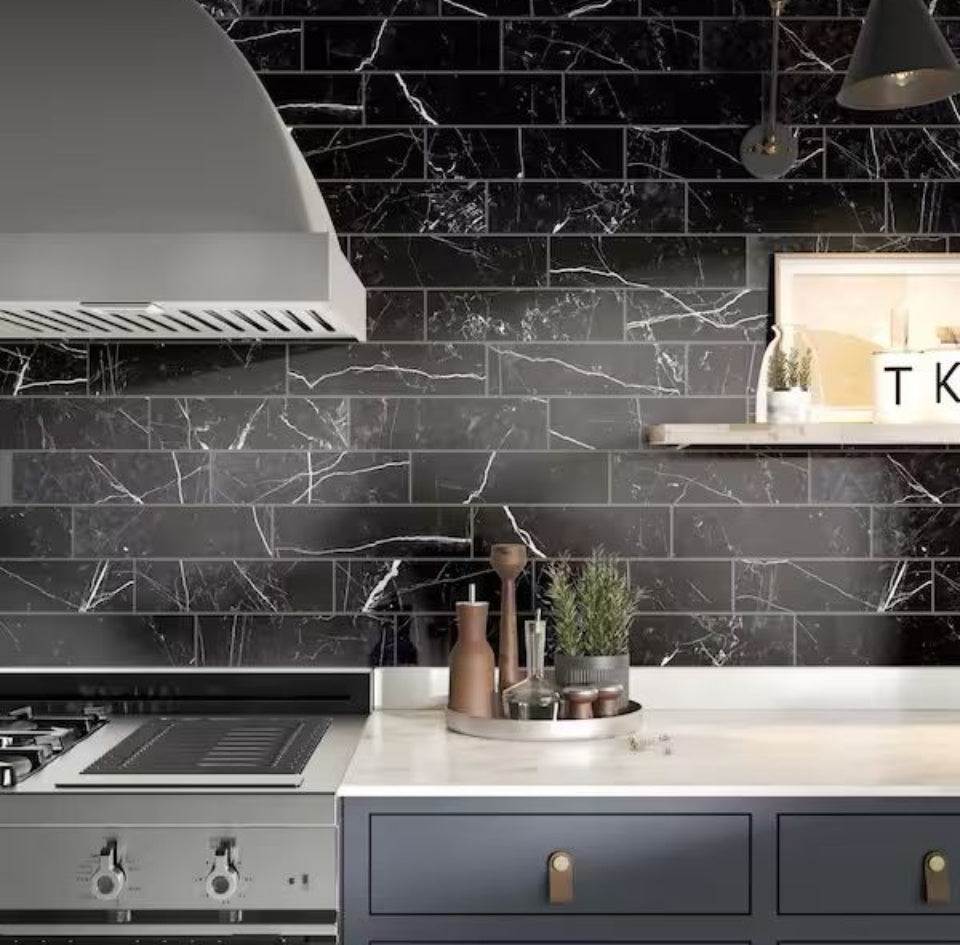 Open Box Corso italia Impero Black 3 in. x 12 in. Marble Look Porcelain Floor and Wall Tile (3.39 sq. ft. /Case)