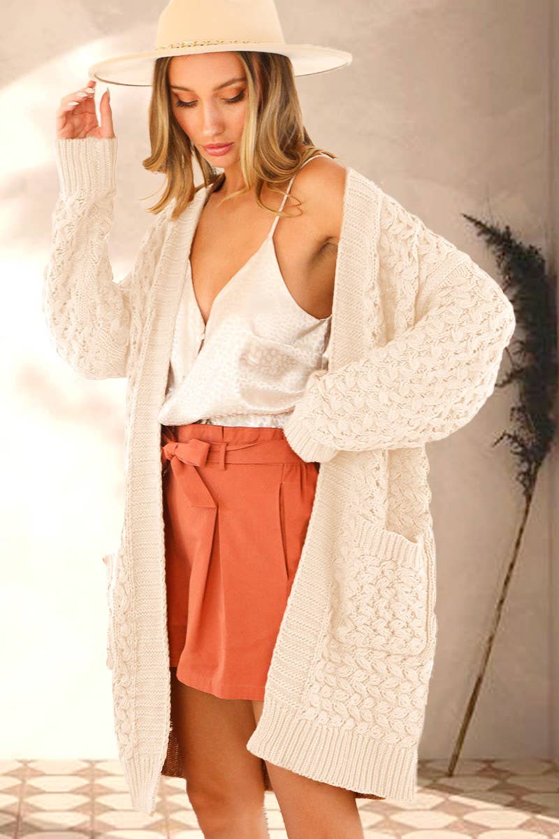 Frances-Patch Pocket Textured Crochet Knitted Cardigan