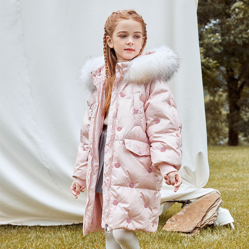 Children's Thickened Korean Large Fur Collar Medium Length Down Jacket