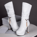 Women's Waterproof Platform Chunky Heel Mid-Calf Boots – Rhinestone Metal Accent