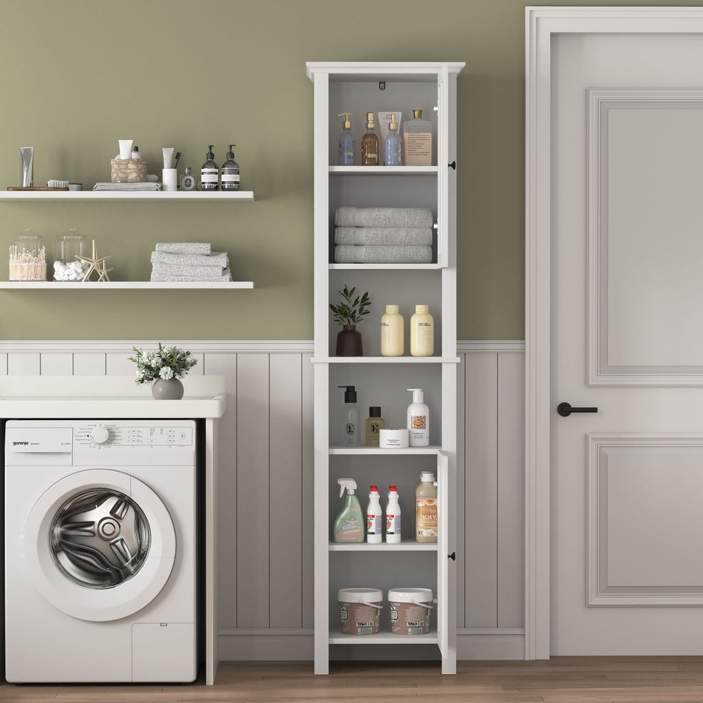 Wooden Bathroom Floor Storage Cabinet With 2 Doors And 6 Shelves - White