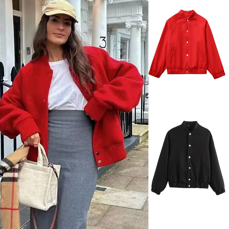 Womens Fashionable Round-Neck Solid-Color Wool Coat