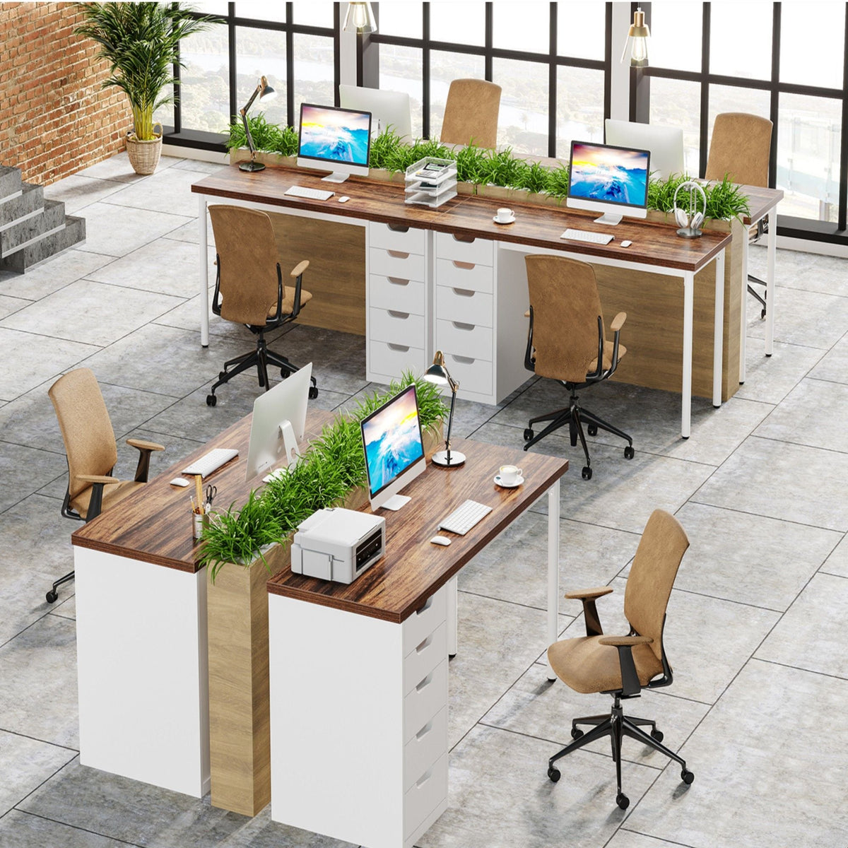 Computer Desk With 5 Drawers, Reversible Cabinet Design