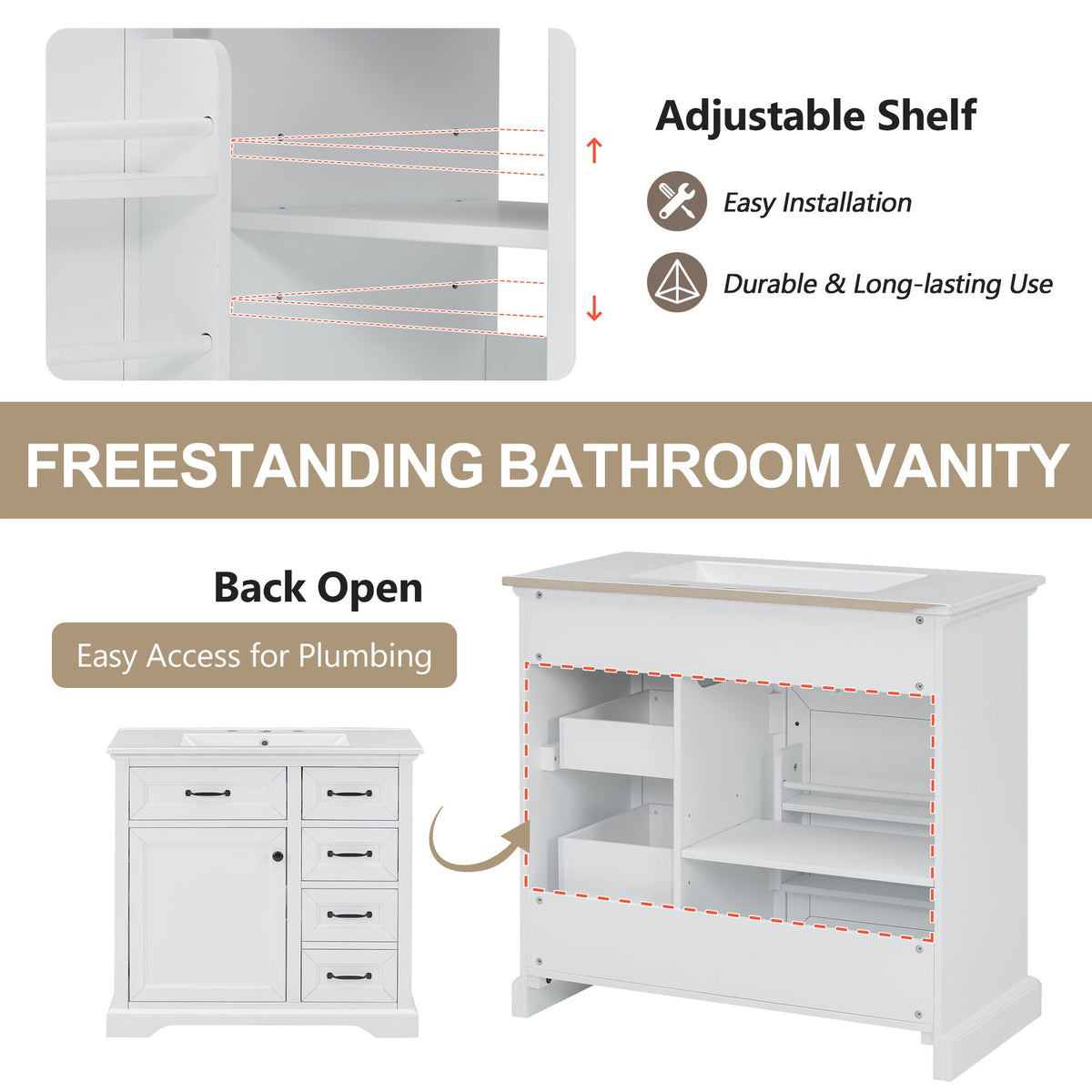 36" Bathroom Vanity With Sink, 2 Tip-Out Drawers, Soft Close Hinges