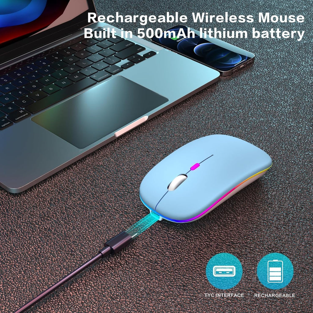 Wireless Bluetooth Mouse, Rechargeable, Dual Mode Bluetooth 5.2 & 2.4G USB, LED Lights, Slim, Silent, Portable Computer Mouse for Laptop, PC, Macbook, Ipad, Tablet (Blue)