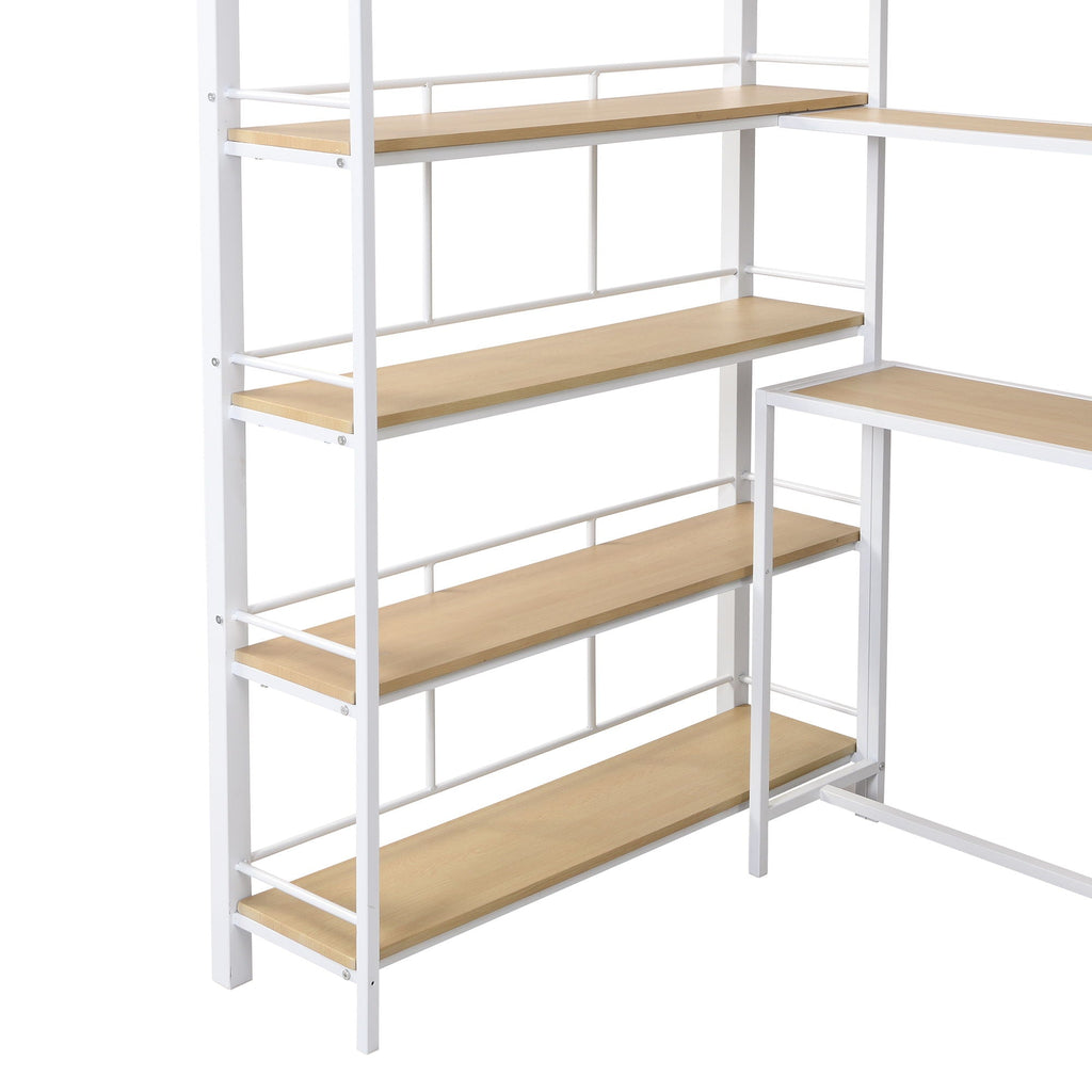 Twin Size Loft Bed With Built In Desk, Staircase Storage & 4 Tier Shelves - White