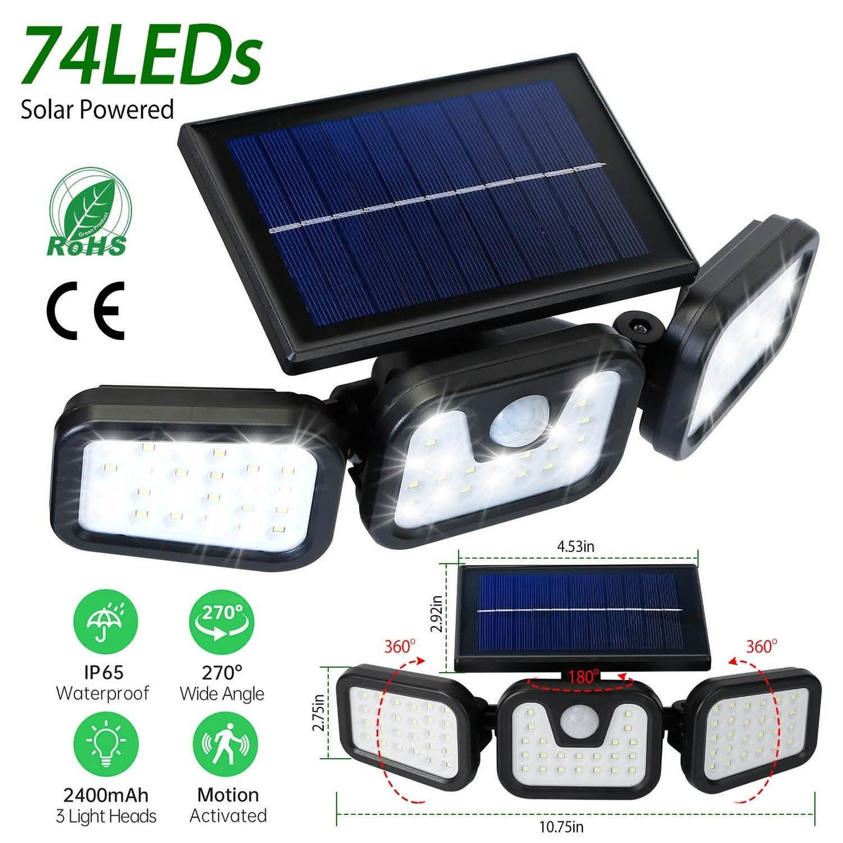 74 LEDs 3 Adjustable Solar Head Motion Sensor Flood Light