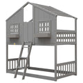 House Bunk Bed With Roof, Window, Window Box, Door, With Safety Guardrails And Ladder