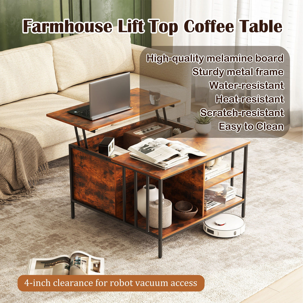 Lift Top Coffee Table With Storage Adjustable Height - Black