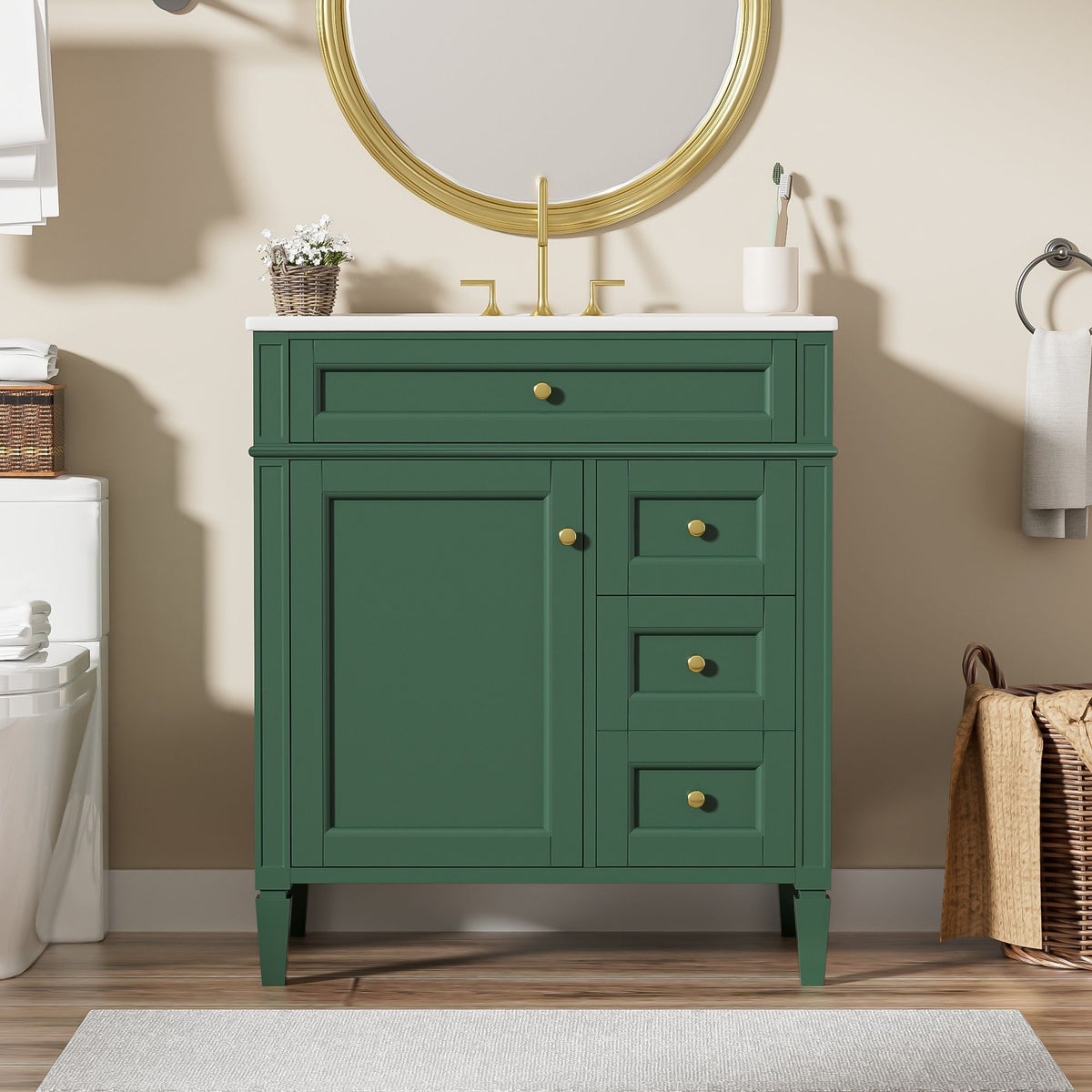 Bathroom Vanity With Top Sink, 2 Drawers & Tip Out Drawer