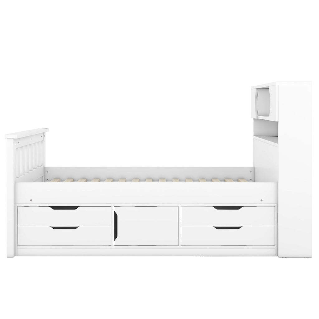 Captain Platform Bed Frame With Storage Bookcases, Shelves, And 4 Drawers