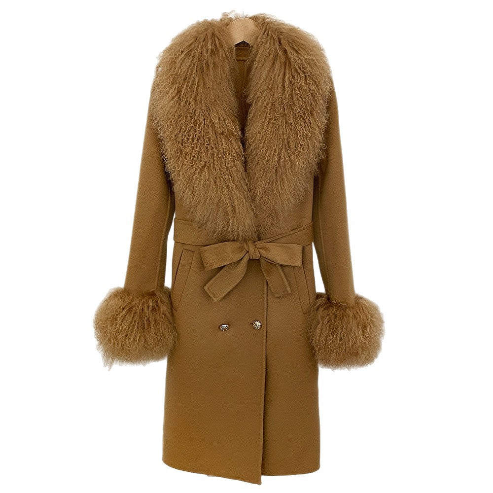 Long Double-faced Wool Coat With A Shearling Collar