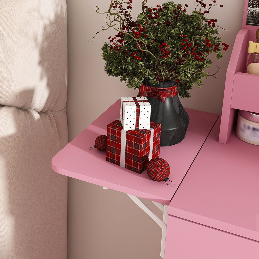 Vanity Desk With LED Mirror Lights And Power Outlet Charging Station, 3 Drawers, 7 Shelves, Storage Stool - Pink