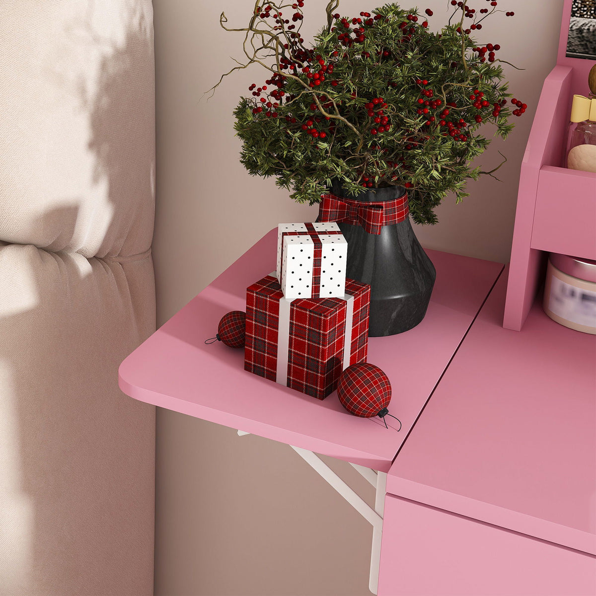 Vanity Desk With LED Mirror Lights And Power Outlet Charging Station, 3 Drawers, 7 Shelves, Storage Stool - Pink