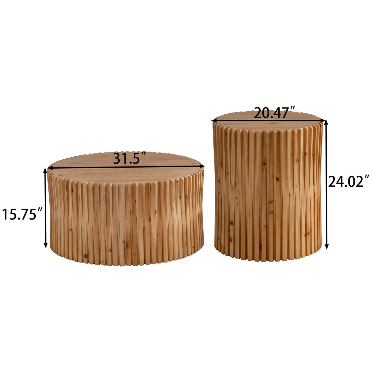 Cylindrical Coffee Table With Vertical Texture Relief For Living Room (Set of 2) - Natural