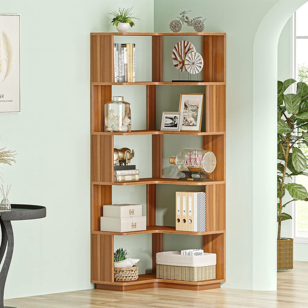 6 Tier Corner Bookshelf, L-Shaped Freestanding Shelf With Anti Drop Panels