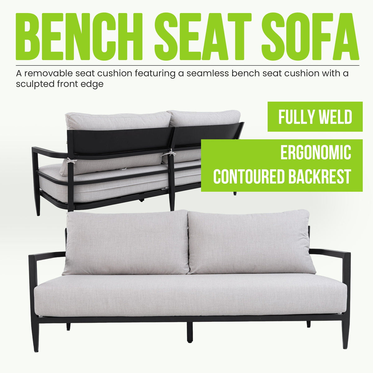 Outdoor Bench Seat Sofa, Sunbrella Cushion, Weather Resistant For Patio - Ember Black