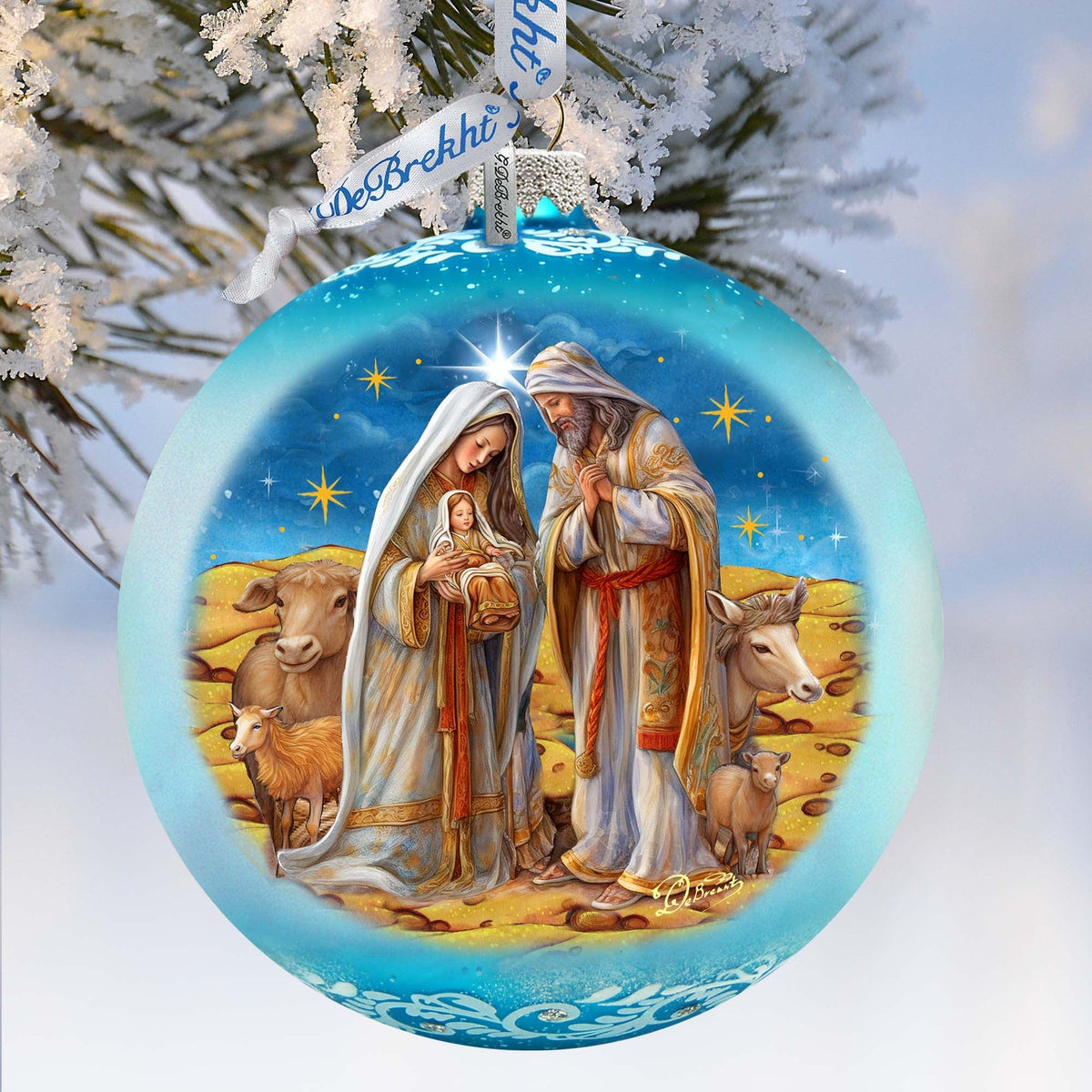 Betelhems Miracle in Blue Lg Glass Ornament by G.Debrekht - Nativity Holiday Decor - 73939B