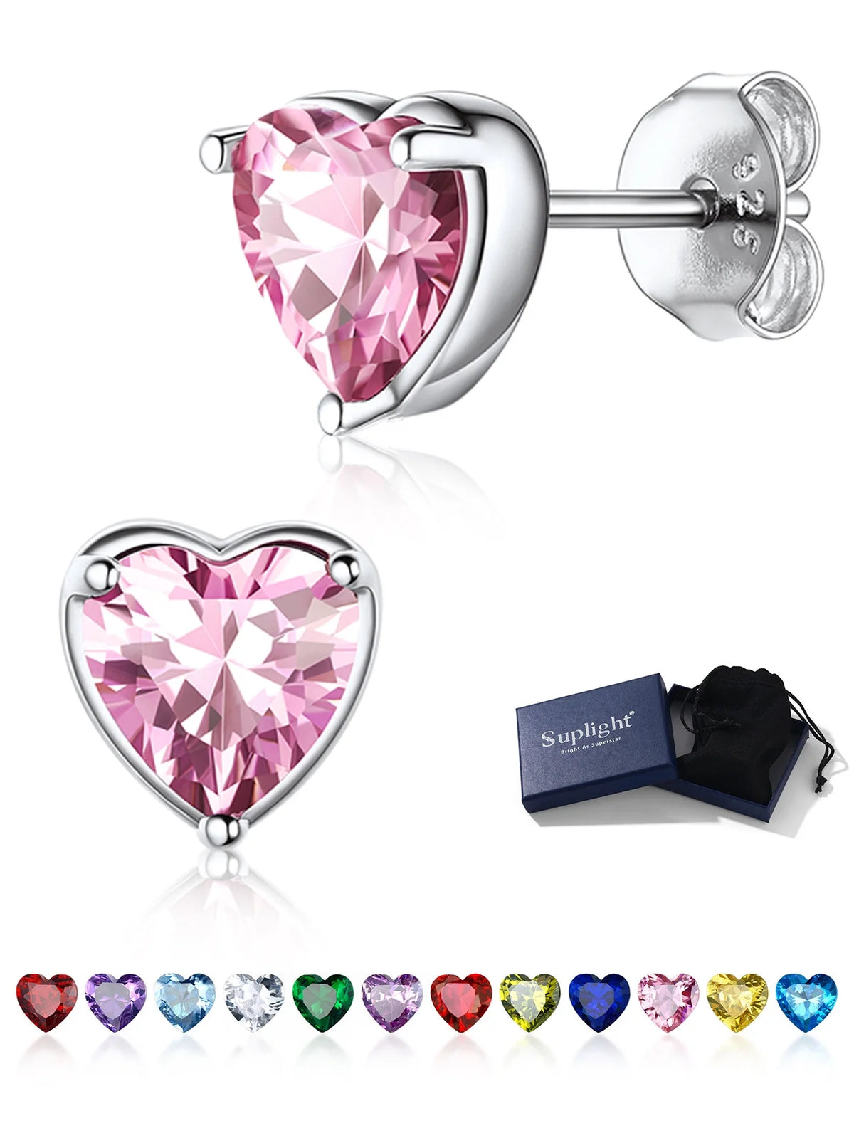 Silver Earrings for Women 925 Sterling Silver Heart Birthstone Stud Earrings Birthday Jewelry Gift