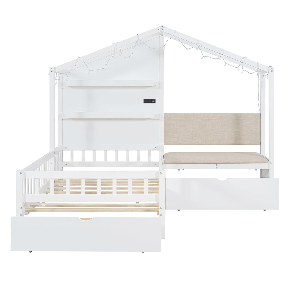 House Bed With Upholstered Sofa, Wireless Charging Station, Shelves And 2 Drawers