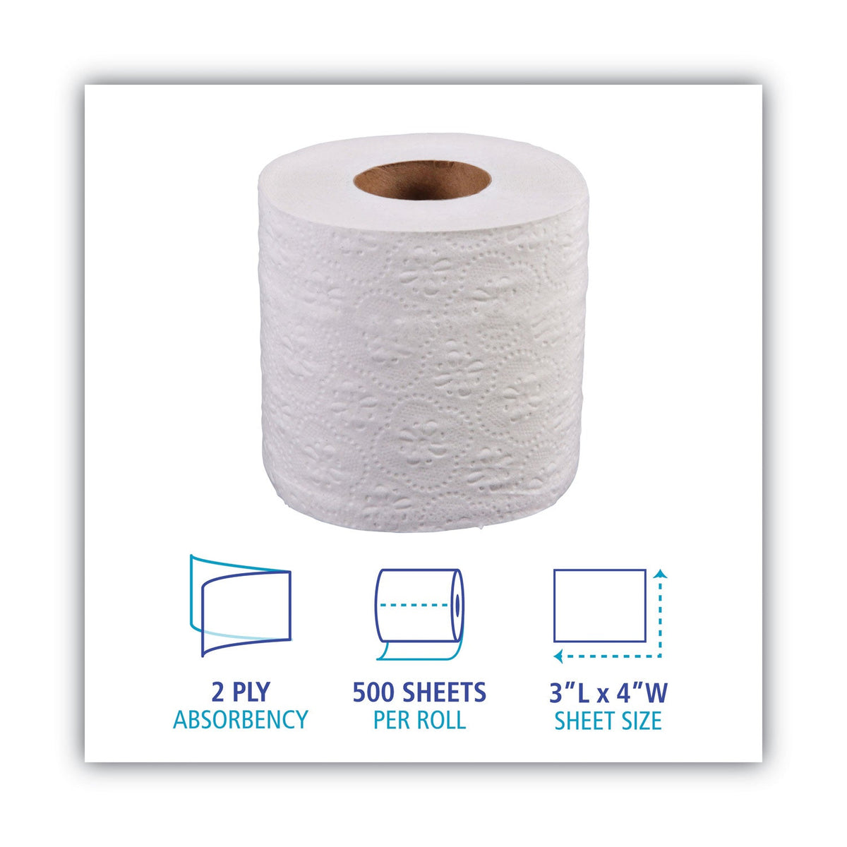 Boardwalk 2-Ply Toilet Tissue, Standard, Septic Safe, White, 4 x 3, 500 Sheets/Roll, 96 Rolls/Carton
