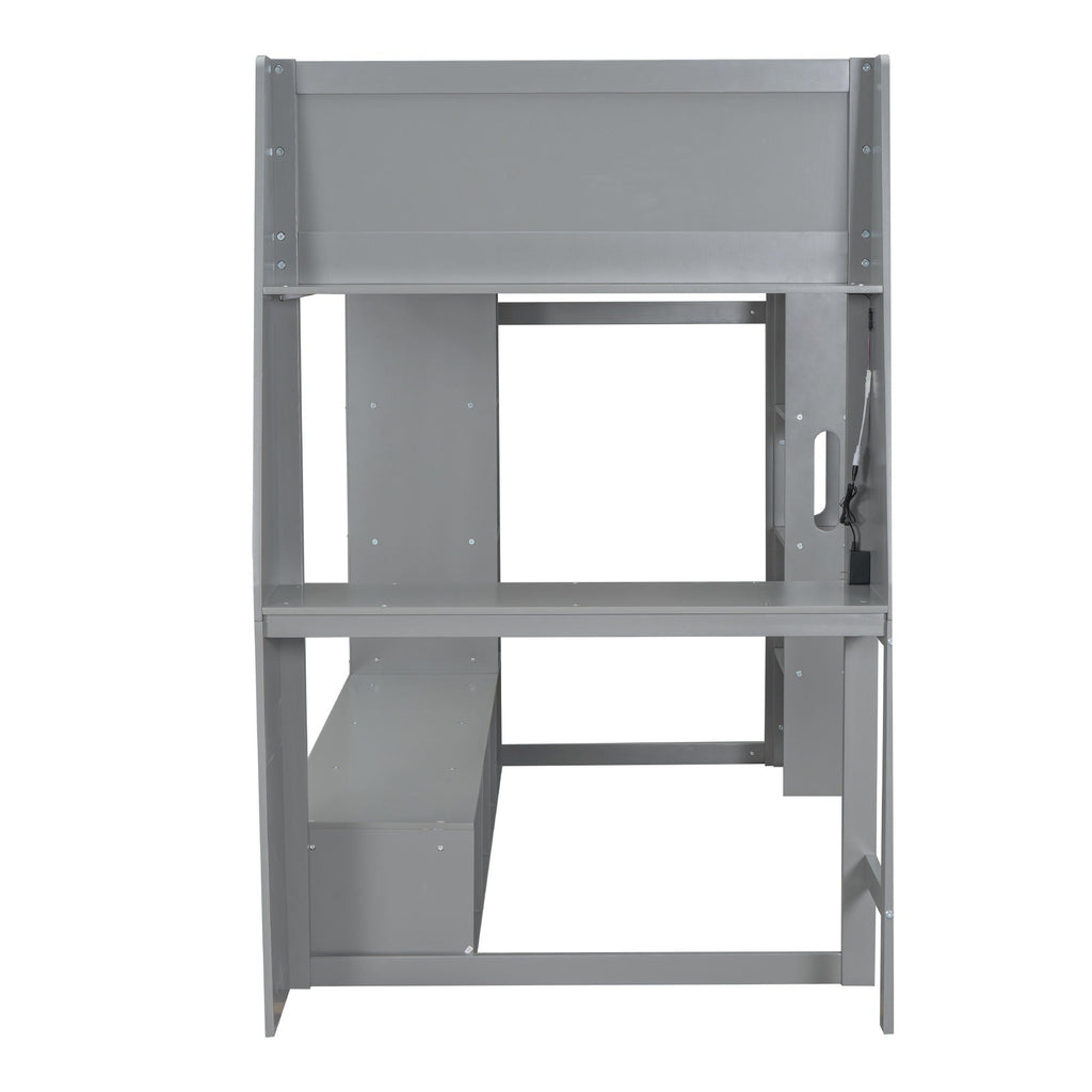 Gaming Loft Bed With Desk, Multi Storage Shelves, LED Lighting, And Hanging Clothes Rack
