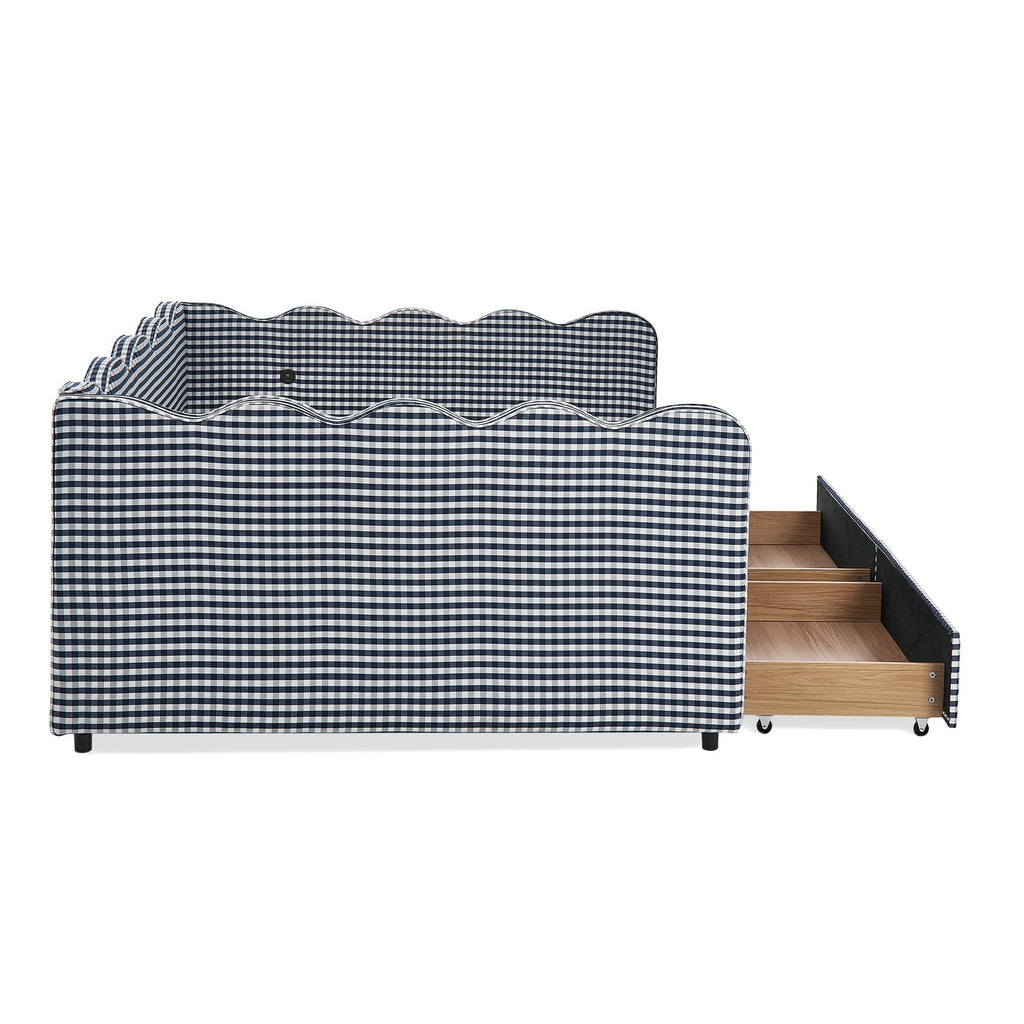Queen Size Cozy Gingham Daybed with Two Storage Drawers and USB Port