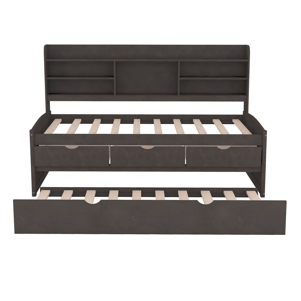 Captain Bed With Built In Bookshelves, 3 Storage Drawers, And Trundle