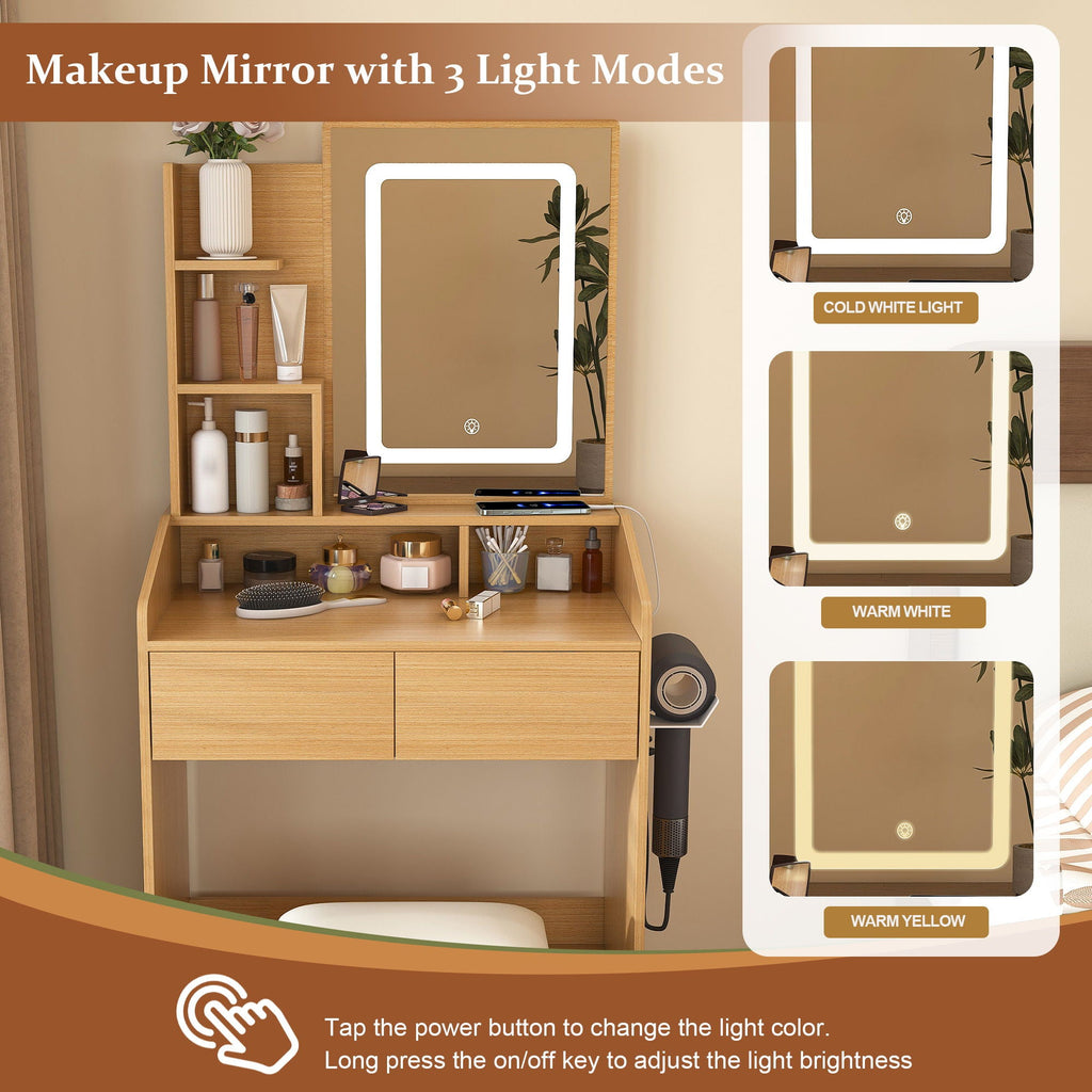 Vanity Table With LED Mirror, Power Outlet, Hairdryer Holder & Padded Stool