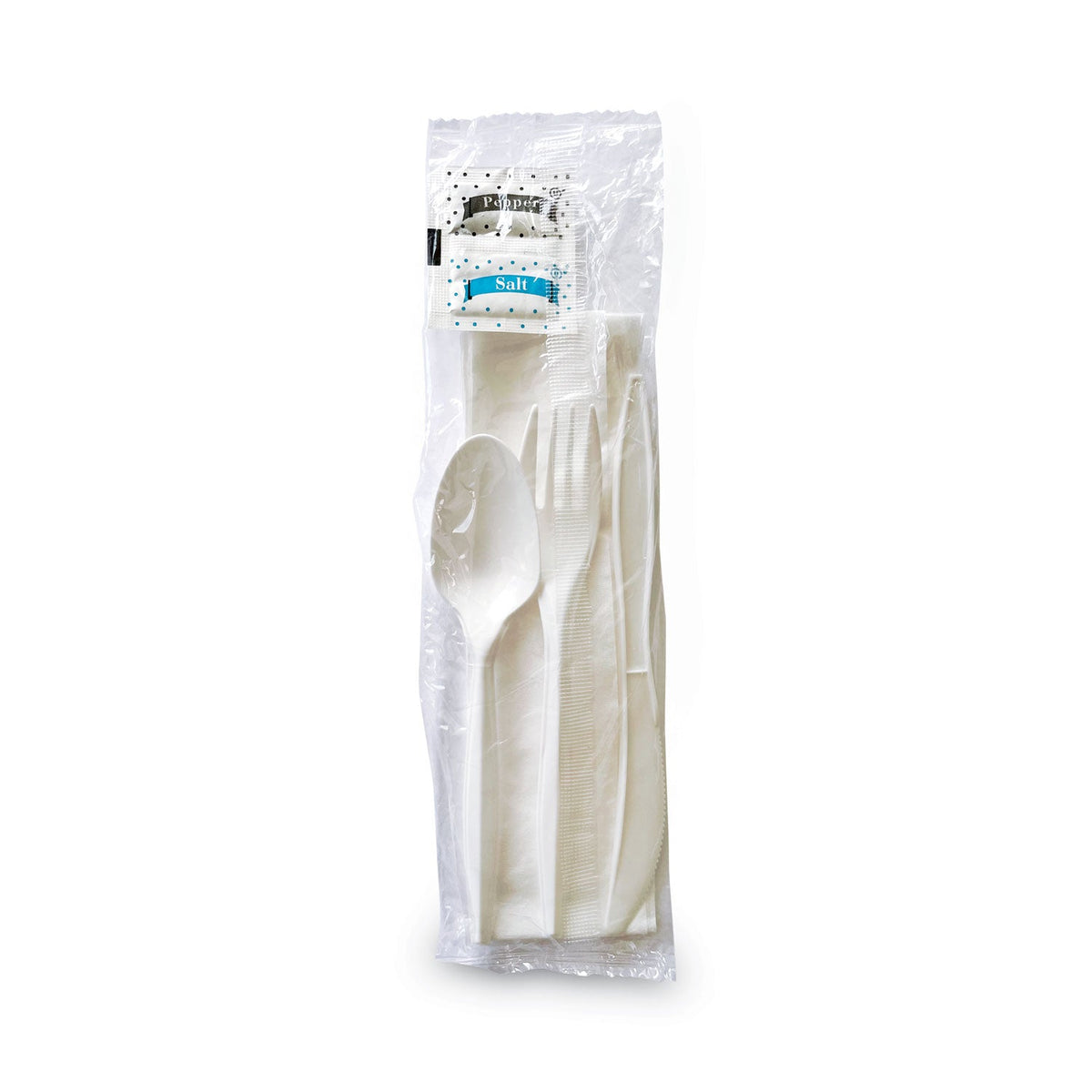 Boardwalk Cutlery Kit, Plastic Fork/Spoon/Knife/Salt/Polypropylene/Napkin, White, 250/Carton