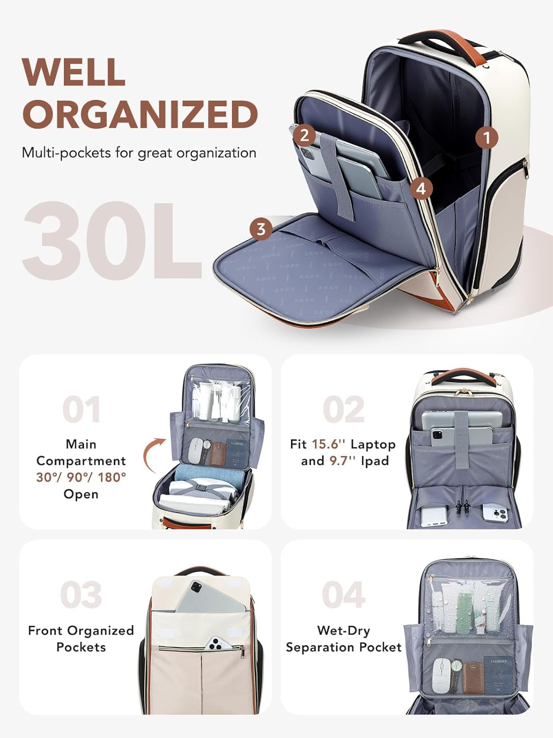 Rolling Backpack for Women, Large Travel Backpack with Wheels Carry on Flight Approved, 15.6 Inch Laptop Wheeled Roller Bag Suitcase for Work Bussiness Weekender (Khaki, M Underseat Size)