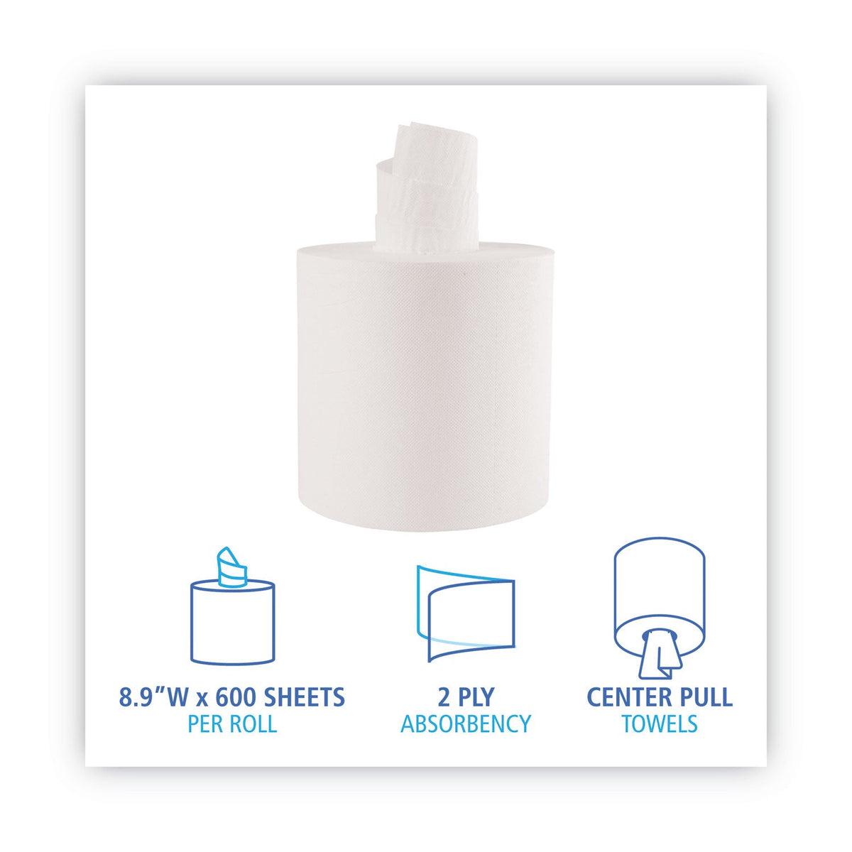 Boardwalk Center-Pull Roll Towels, 2-Ply, 7.6 x 8.9, White, 600/Roll, 6/Carton