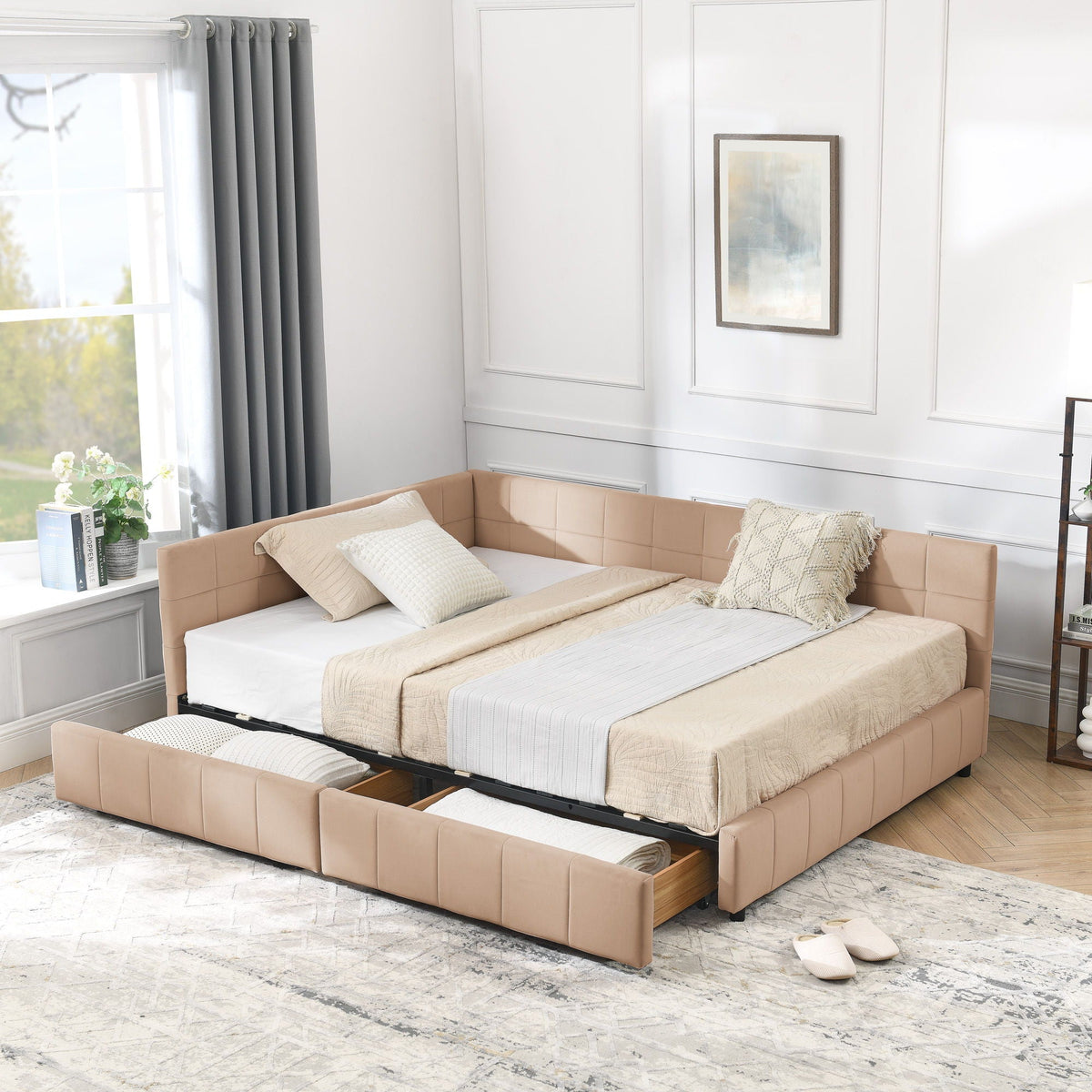 Mid-Century Storage Upholstered Tufted Bed Frame With Backrest And Armrests
