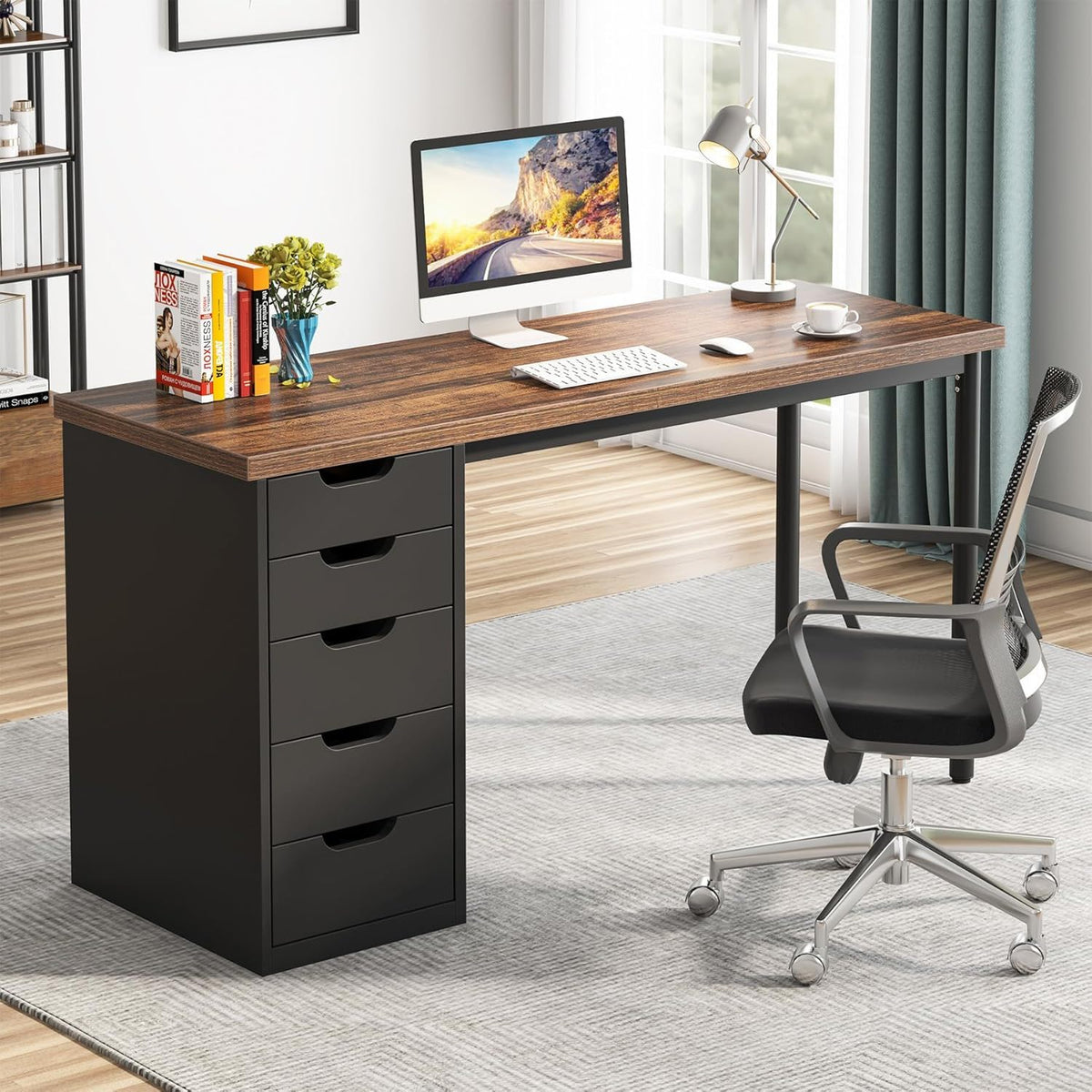 Computer Desk With 5 Drawers, Reversible Cabinet Design
