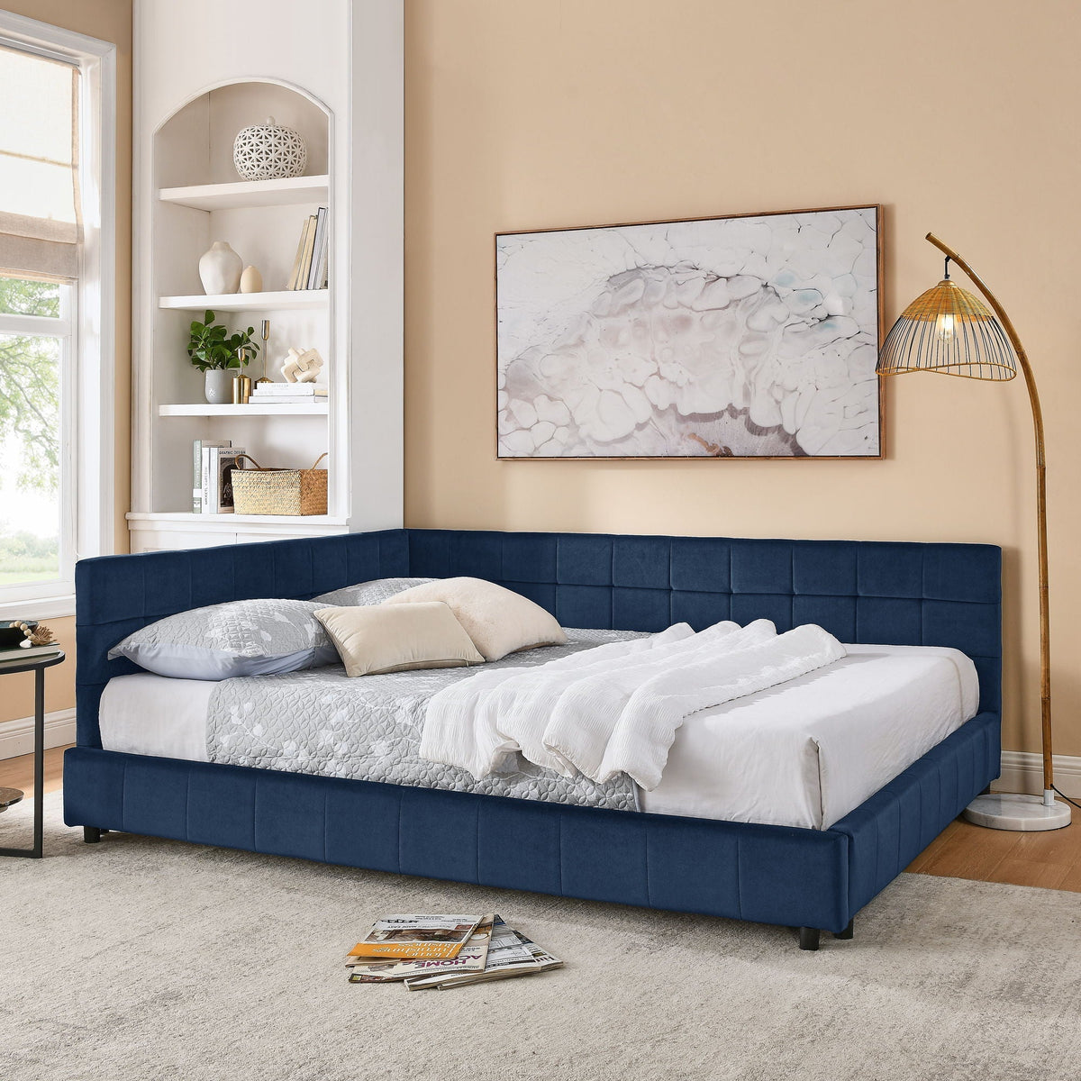 Mid-Century Storage Upholstered Tufted Bed Frame With Backrest And Armrests